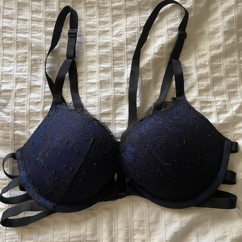 Victoria’s Secret Strappy Blue and Black Lace Bra